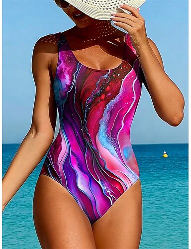 Swimwear One Piece High Cut Swimsuit Beach Wear Summer Graphic Geometic U Neck Sleeveless Bathing Suits