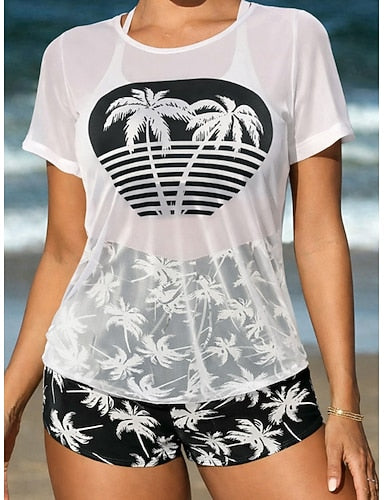 Swimwear One Piece Bikini Shorts Swimsuit Drawstring Vacation Beach Wear Graphic Round Neck Long Sleeve Bathing Suits