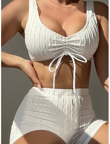 Swimwear Bikini 2 Piece Shorts Swimsuit Slim Backless Vacation Beach Wear Color V Neck Sleeveless Bathing Suits