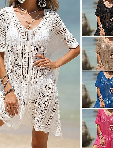 Swimwear Cover Up Swim Dress Swimsuit Crochet Vacation Beach Wear Color V Neck Short Sleeves Bathing Suits